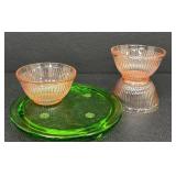 Vintage Jeanette Sunflower Footed Cake Plate & Pink Depression Glass Bowls