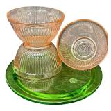 Vintage Jeanette Sunflower Footed Cake Plate & Pink Depression Glass Bowls