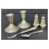 Vintage Crown Sterling Candlesticks, Salt & Pepper Shakers & Fork & Spoon - Sterling Silver Set