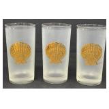 Three Vintage Culver Vintage Frosted Glass Tumblers - Seashell Gold Embossed