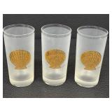 Three Vintage Culver Vintage Frosted Glass Tumblers - Seashell Gold Embossed