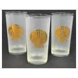 Three Vintage Culver Vintage Frosted Glass Tumblers - Seashell Gold Embossed