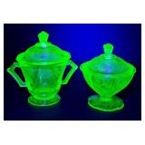 Vintage Federal Sylvan Green Uranium Glass Sugar Bowl & Anchor Hocking Princess/Florentine Sugar Bowl