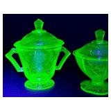Vintage Federal Sylvan Green Uranium Glass Sugar Bowl & Anchor Hocking Princess/Florentine Sugar Bowl