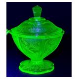 Vintage Federal Sylvan Green Uranium Glass Sugar Bowl & Anchor Hocking Princess/Florentine Sugar Bowl