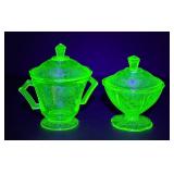 Vintage Federal Sylvan Green Uranium Glass Sugar Bowl & Anchor Hocking Princess/Florentine Sugar Bowl