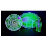Vintage Indiana Glass Chantilly Uranium Green Dinner Plate & Glass Set - Vintage Chantilly Pattern