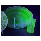 Vintage Indiana Glass Chantilly Uranium Green Dinner Plate & Glass Set - Vintage Chantilly Pattern