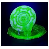 Vintage Indiana Glass Chantilly Uranium Green Dinner Plate & Glass Set - Vintage Chantilly Pattern