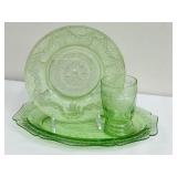 Vintage Indiana Glass Chantilly Uranium Green Dinner Plate & Glass Set - Vintage Chantilly Pattern
