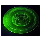 Vintage Depression Green Uranium Glass Cake Plate - Radial Sunburst Pattern