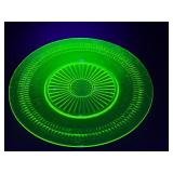 Vintage Depression Green Uranium Glass Cake Plate - Radial Sunburst Pattern