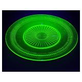Vintage Depression Green Uranium Glass Cake Plate - Radial Sunburst Pattern