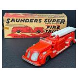 Vintage Boxed Saunders Super Fire Truck Wind-Up Mechanical Toy