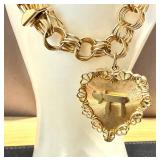 Vintage 14K Gold Heart Pendant Bracelet with CHAI Hebrew Symbol