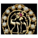 Vintage 14K Gold Charm - Vintage with Pearl Border, Pink Center Gem & Blue Gem