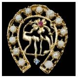 Vintage 14K Gold Charm - Vintage with Pearl Border, Pink Center Gem & Blue Gem
