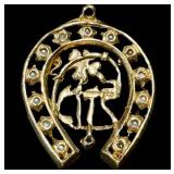 Vintage 14K Gold Charm - Vintage with Pearl Border, Pink Center Gem & Blue Gem