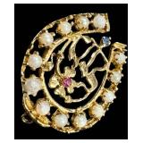 Vintage 14K Gold Charm - Vintage with Pearl Border, Pink Center Gem & Blue Gem