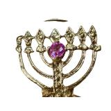 Vintage 14K Gold Menorah Charm with Purple Gem & Two Pearls