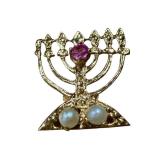 Vintage 14K Gold Menorah Charm with Purple Gem & Two Pearls
