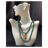 Malachite Bead Necklace - Vintage Hand-Knotted With Coral Accents