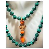 Malachite Bead Necklace - Vintage Hand-Knotted With Coral Accents
