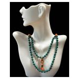 Malachite Bead Necklace - Vintage Hand-Knotted With Coral Accents