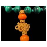 Malachite Bead Necklace - Vintage Hand-Knotted With Coral Accents