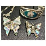 Vintage Silver & Sterling Jewelry Lot - Butterfly & Floral Inlays, 22-inch Necklaces, Mexico Alpaca
