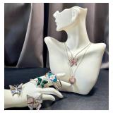 Vintage Silver & Sterling Jewelry Lot - Butterfly & Floral Inlays, 22-inch Necklaces, Mexico Alpaca