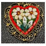 Vintage Italian Heart Pendant - Mosaic Shell Inlay, Red Border, Gold Tone Filigree