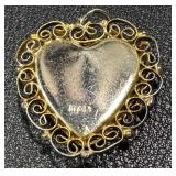 Vintage Italian Heart Pendant - Mosaic Shell Inlay, Red Border, Gold Tone Filigree