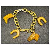Vintage Equestrian Themed Bakelite Charm Bracelet with Horse Head, Horseshoes & Boot Pendants