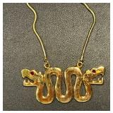 Vintage Double Snake Head Gold Tone Necklace and Pin