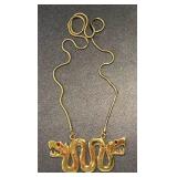 Vintage Double Snake Head Gold Tone Necklace and Pin