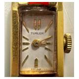 Vintage Türler Swiss Vintage Ladies Watch - Rectangular Gold-Tone Case Red Enamel Bracelet