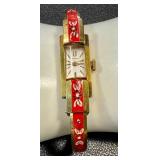 Vintage Türler Swiss Vintage Ladies Watch - Rectangular Gold-Tone Case Red Enamel Bracelet