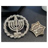 Vintage Judiaca Jewelry Items including a Sterling Star of David Necklace w/ Hand Painted Floral Resin Center