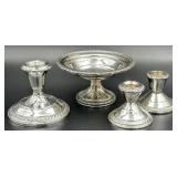 Vintage Sterling Silver Weighted Footed Candy Bowl & 3 Candlesticks