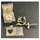 Miniature Clock - Floral Brooch - Sterling Silver Photo Album Pendant