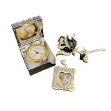 Miniature Clock - Floral Brooch - Sterling Silver Photo Album Pendant