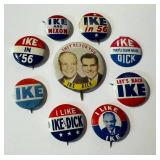 IKE Vintage Political Pin Backs - Assorted (Lot of 9) including Vintage Ike in 56 Political Pin Back / Button