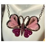 Sterling Silver Butterfly Pendant Necklace - Pink Crystals, 8-Inch Drop