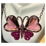 Sterling Silver Butterfly Pendant Necklace - Pink Crystals, 8-Inch Drop