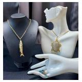 Vintage Fashion Jewelry Finds: Fish Pendant (1.75 in) on 24 in Chain + Turtle Pendant (2.5 in) - Vintage Gold-Tone Jewelry