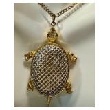 Vintage Fashion Jewelry Finds: Fish Pendant (1.75 in) on 24 in Chain + Turtle Pendant (2.5 in) - Vintage Gold-Tone Jewelry