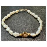 Vintage ORT 14K Pearl Bracelet - 7-inch Gold Disc Clasp with ORT Logo