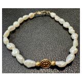 Vintage ORT 14K Pearl Bracelet - 7-inch Gold Disc Clasp with ORT Logo