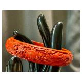 Vintage Cinnabar Dragon Bangle - Carved Red Lacquer Bracelet